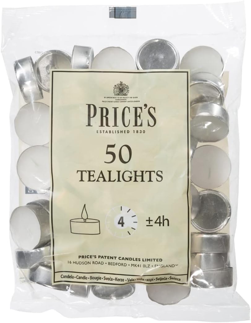 Prices Patent Candles White Tealights Bag, Pack of 50, Wax, l x 3.8cm w x 1.8cm h, Unscented