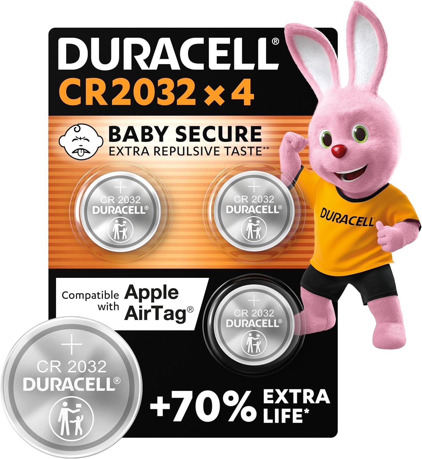 Duracell CR2032 Lithium Coin Batteries 3V (4 Pack) - Up to 70% Extra Life - Baby Secure Technology – Recommended for use in Apple AirTag - Use in Key Fobs, Home Devices, Fitness, Medical Accessories