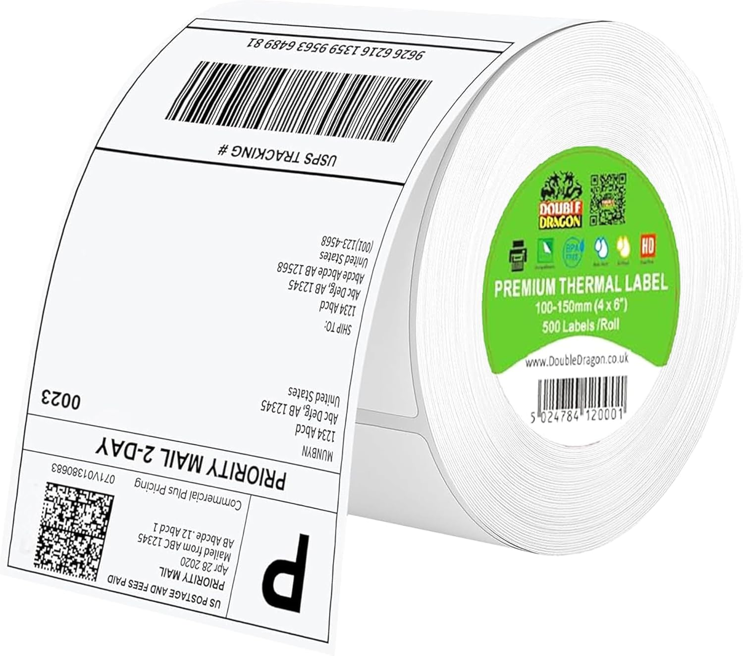 Double Dragon 100 x 150 mm (4" x 6") Premium Coated Self-Adhesive Direct Thermal Label for Zebra MUNBYN Printers [1 Roll - 500 Labels]