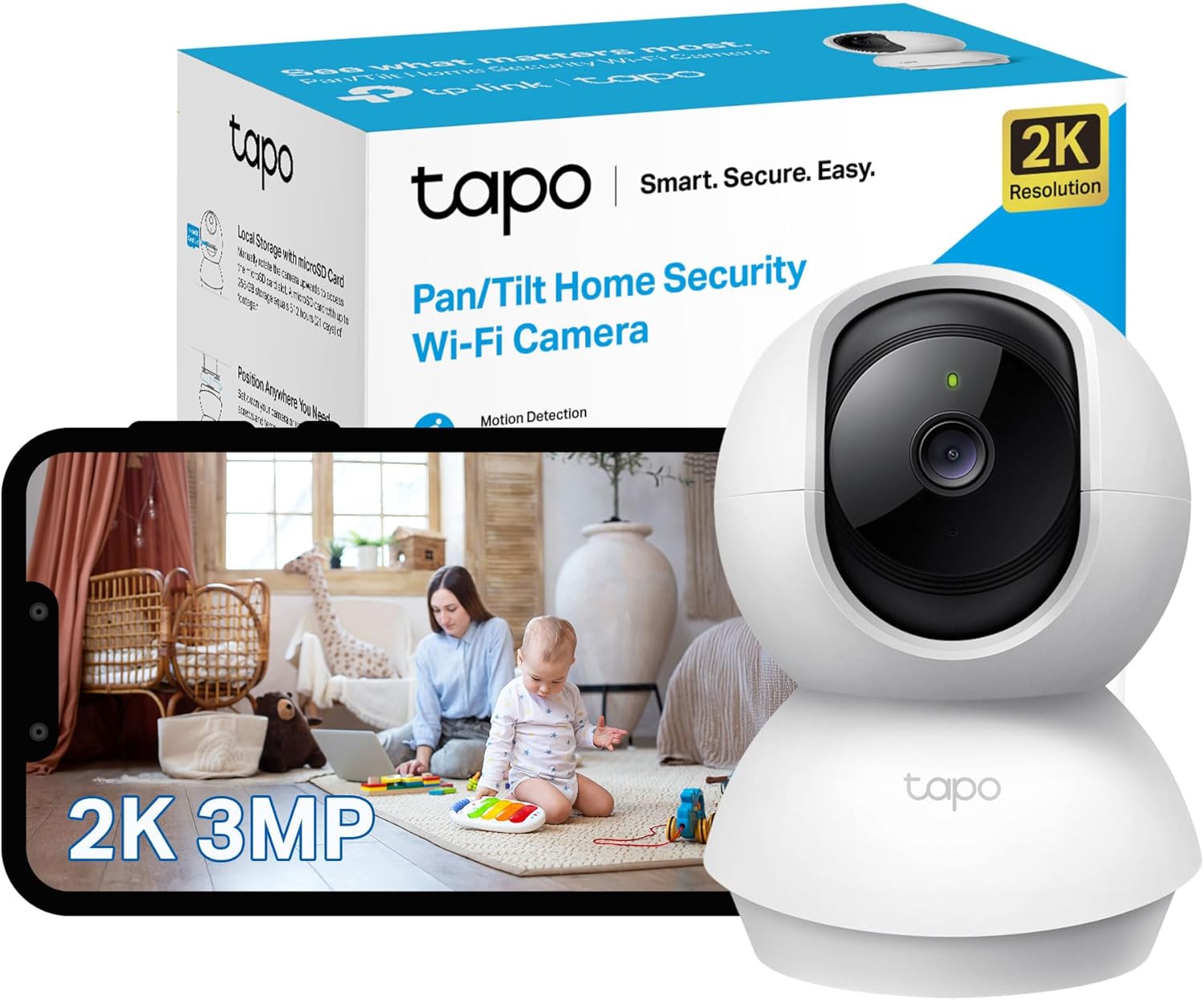 TP-Link Tapo 2K Pan Tilt Security Camera, Baby Monitor, Dog Camera/Motion Detection, 2-Way Audio, 3MP, Night Vision, Cloud & SD Card Storage, Works with Alexa & Google Home, No Hub Required (Tapo