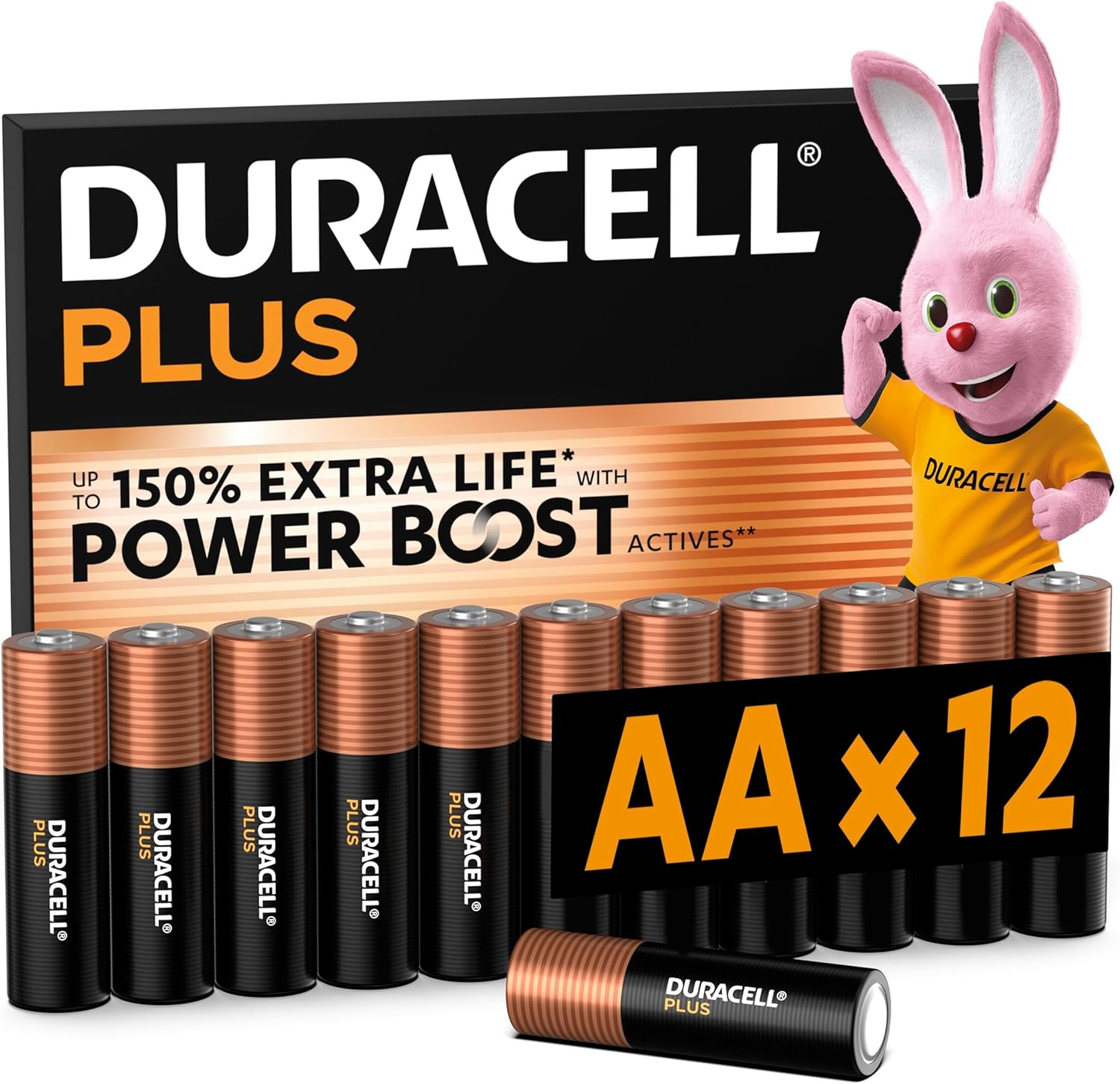 Duracell Plus AA Batteries (12 Pack) - Alkaline 1.5V - Up To 100% Extra Life - Reliability For Everyday Devices - 0% Plastic Packaging - 10 Year Storage - LR6 MN1500