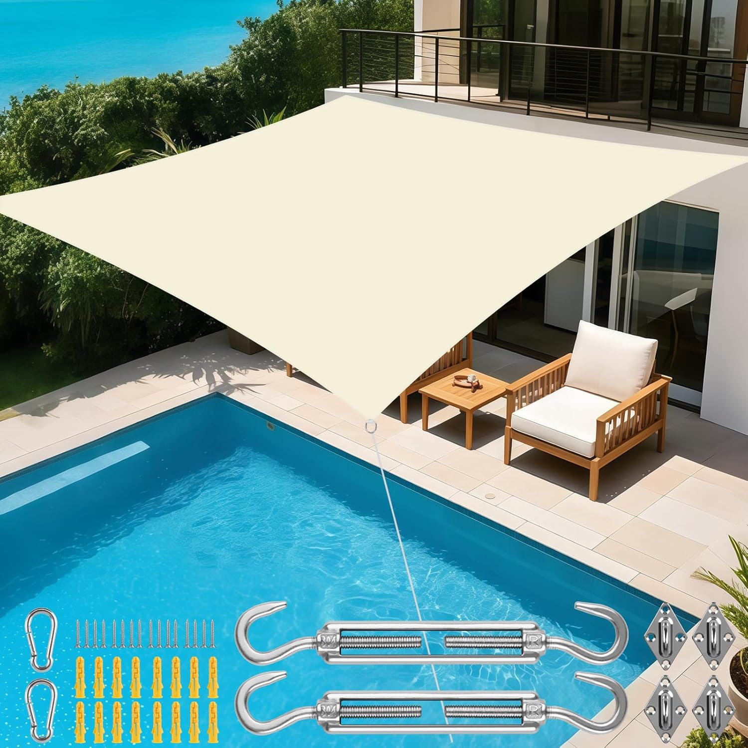 Rectangular Awning with Mounting Kit, 3 x 4 m Waterproof and 98% UV Blocking Awning for Patio Garden Pool Outdoor