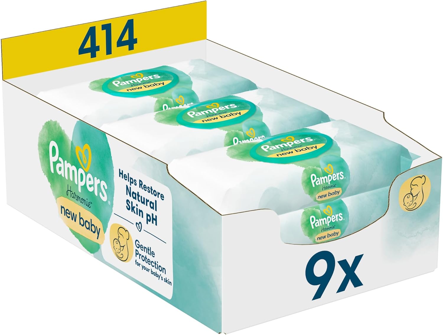 Pampers Harmonie New Baby Wipes 9 Packs of 46 Wipes = 414 Wipes to Help Restore Skin's Natural pH Value