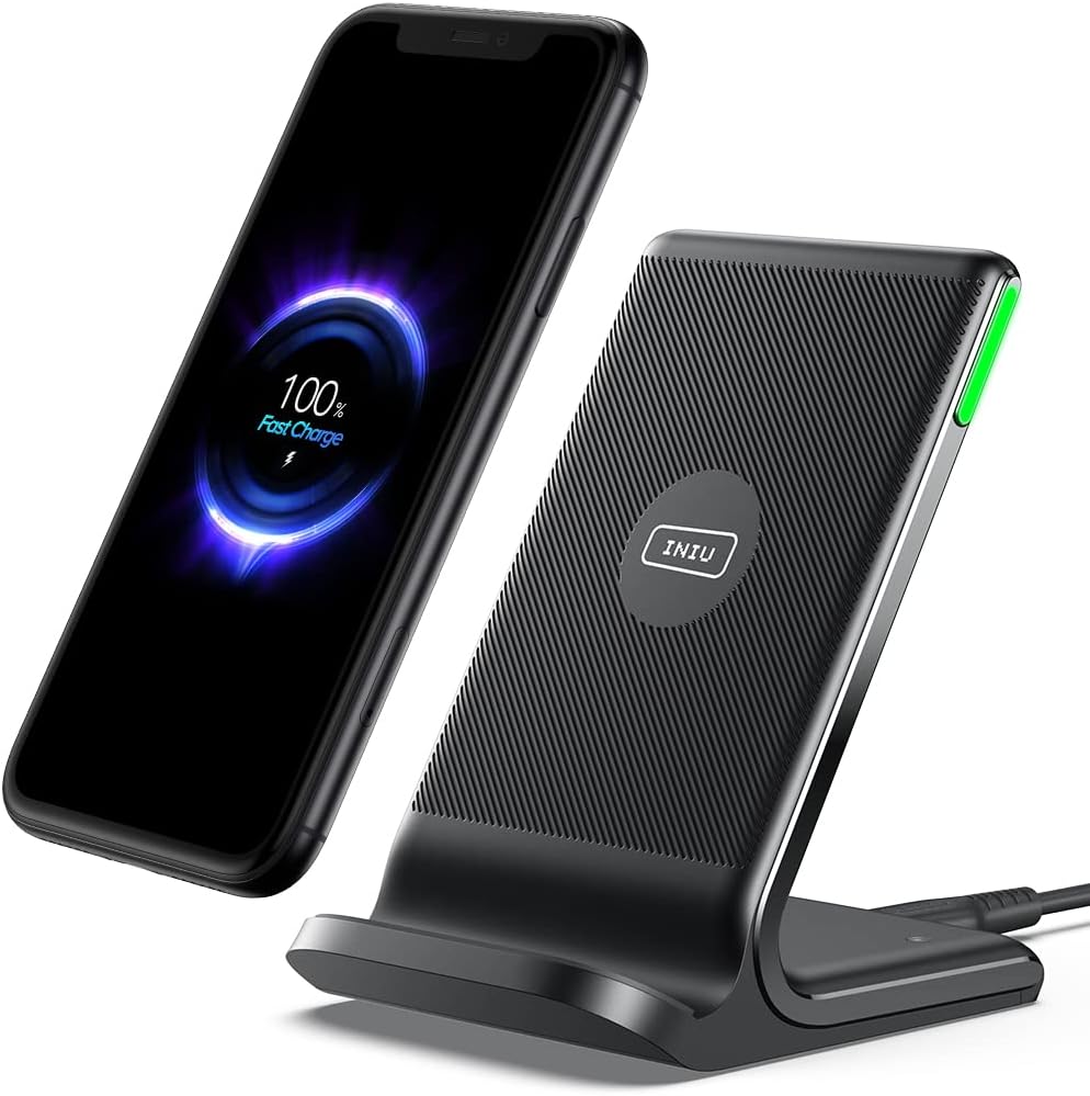 INIU fast Wireless Charger, Qi Certified Wireless Charging Stand with QC3.0 Adapter USB Charger
