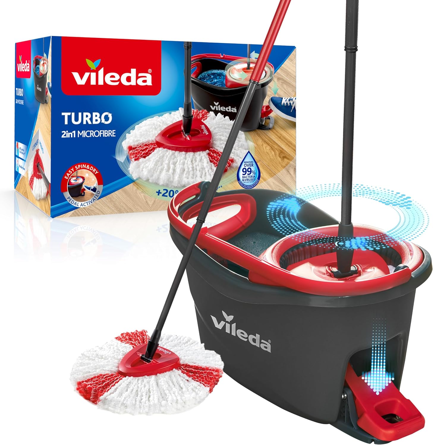 Vileda Turbo Mop, Complete Set, Floor Mop with Telescopic Handle, Microfibre Mop Head with Power Fibres and Bucket with Power Spinner, Quick and Clean, Handle Length 75-130 cm, Eco Packaging