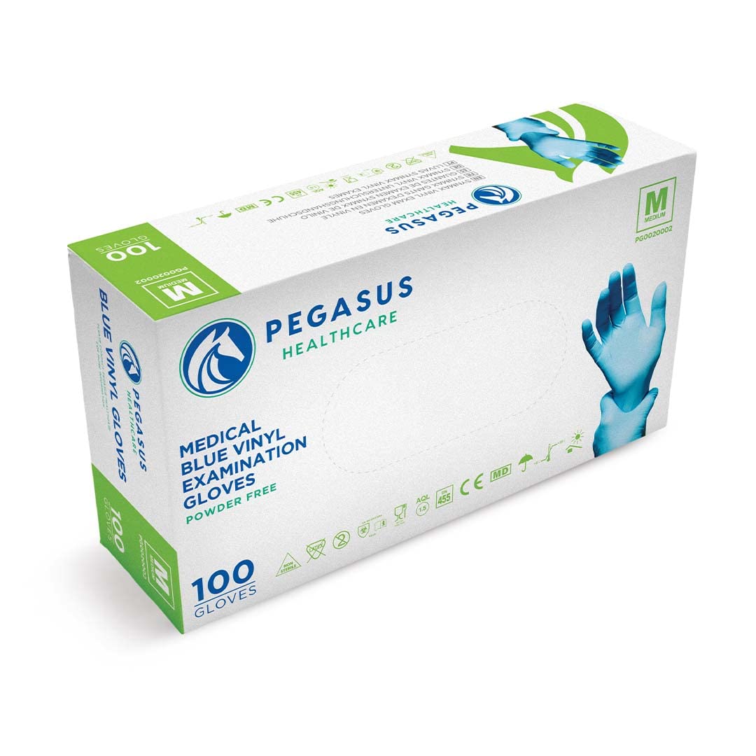 Pegasus Healthcare Blue Disposable Vinyl Medical Examination Gloves Powder & Latex Free (Medium)