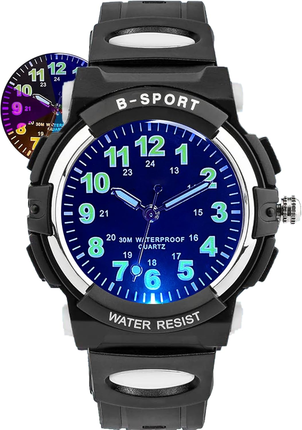 DTKID Kids Watches for Boys and Girls, 7 Colour Lights Waterproof Outdoor Sports Boys Watch, Analogue Quartz Childrens Watch with Soft Strap Watches for Kids Ages 5-16