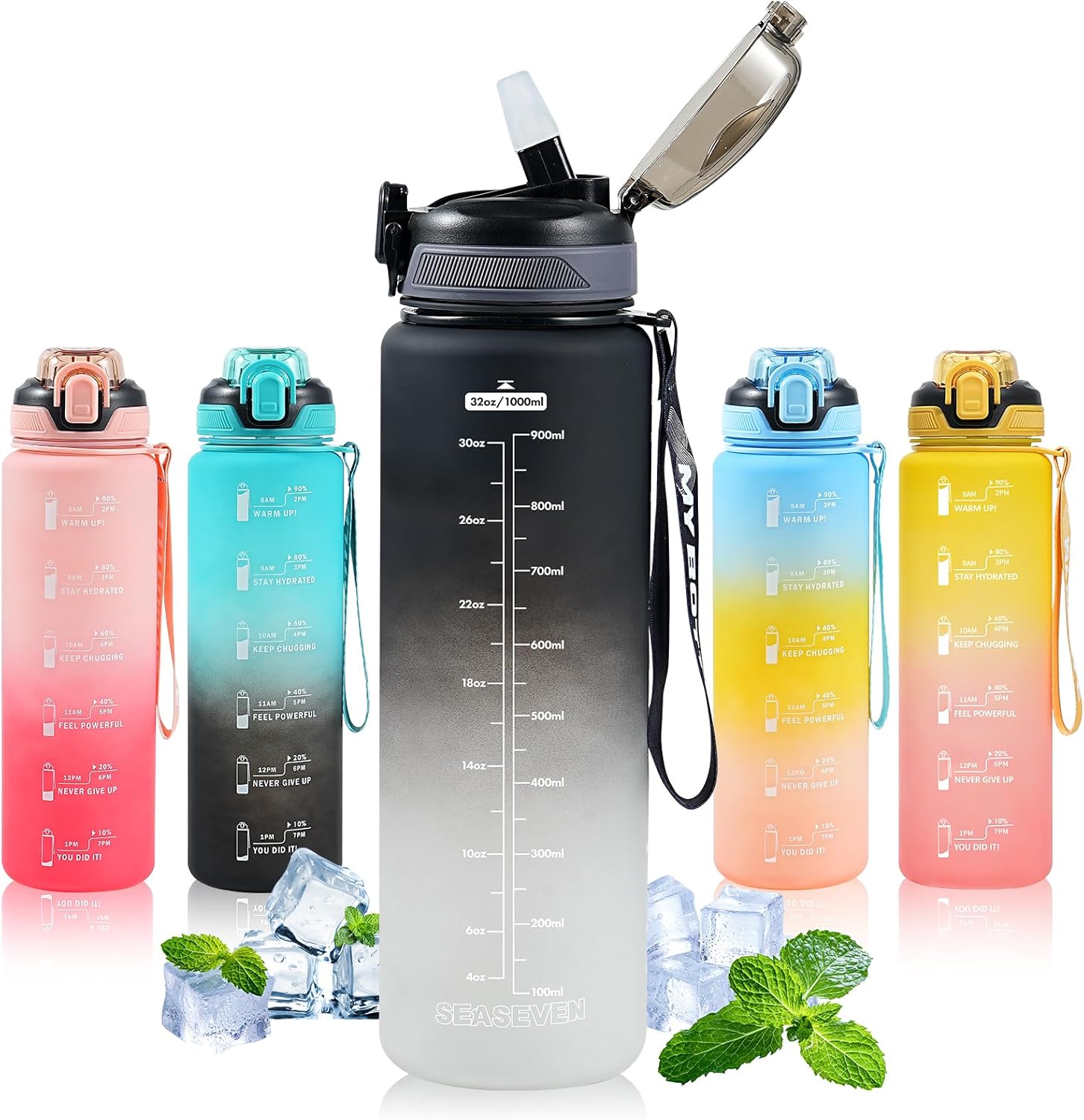 1L Water Bottle with Straw,Plastic Drinks Bottle,1 Litre Sports Water Bottles with Time Markings,Girls Boys Waterbottle Leak-Proof & Bpa-Free for Gym,Cycling, Office, Outdoor