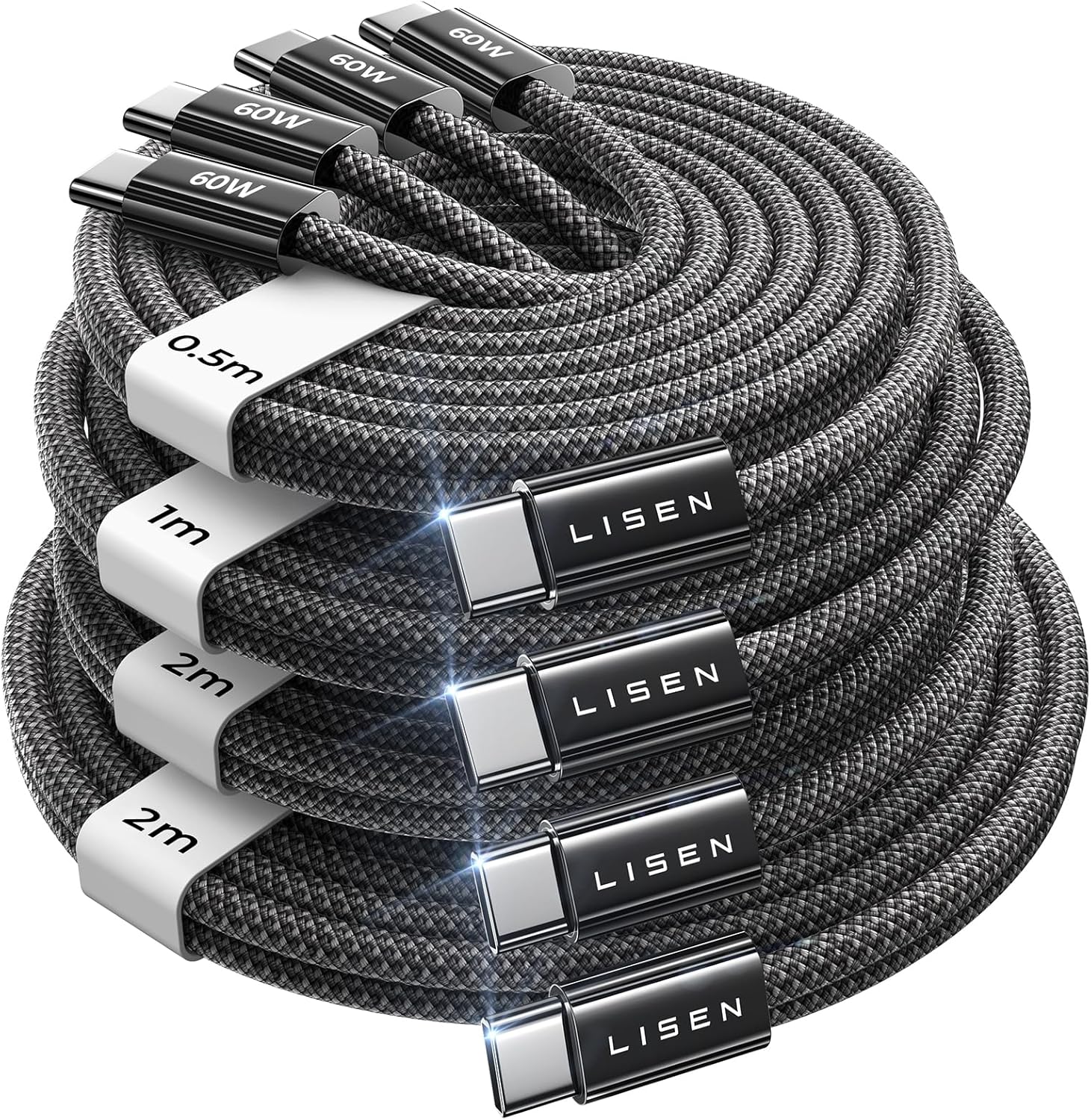 LISEN USB C to USB C Cable Charger 4-Pack [0.5/1/2/2M] for USBC to USBC Cable 60W C to Type C Charger Cables Fast Charging for iPhone 17 Pro Max 16 15 iPad Pro Air Samsung Galaxy S25 S24 Pixel Switch