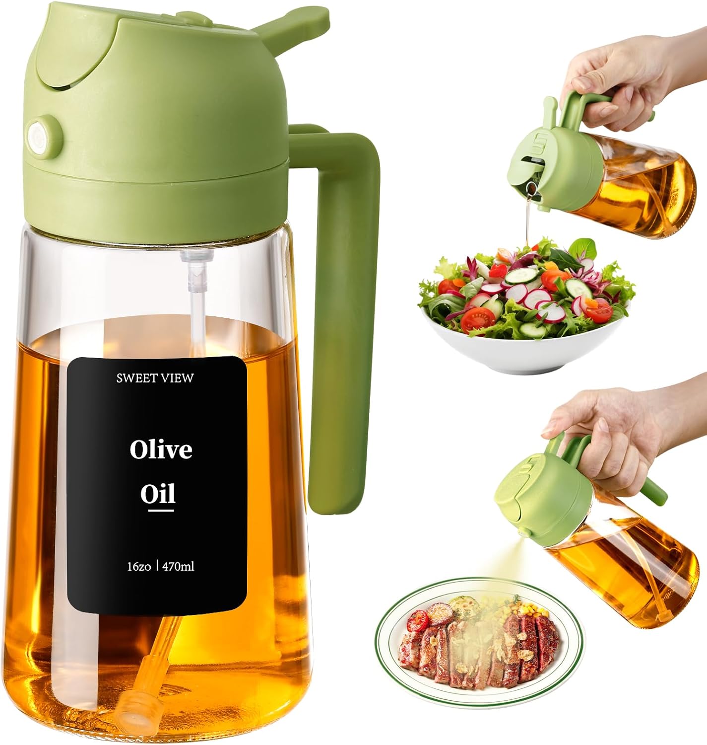 Oil Spray Bottle, 470ml 2 In 1 Glass Olive Oil Sprayr & pourer for Kitchen, Air Fryer, Cooking, Salad, BBQ (Green)