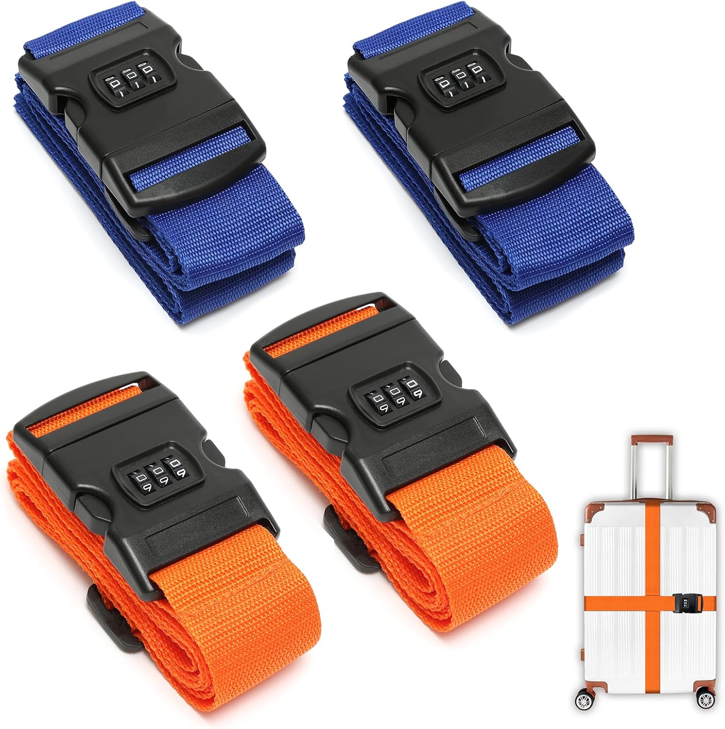 4Pcs Suitcase Straps with Lock, 2 Colours Heavy Duty Personalised Luggage Strap, Adjustable Luggage Straps for Suitcases, Travel Cases, Orange and Blue