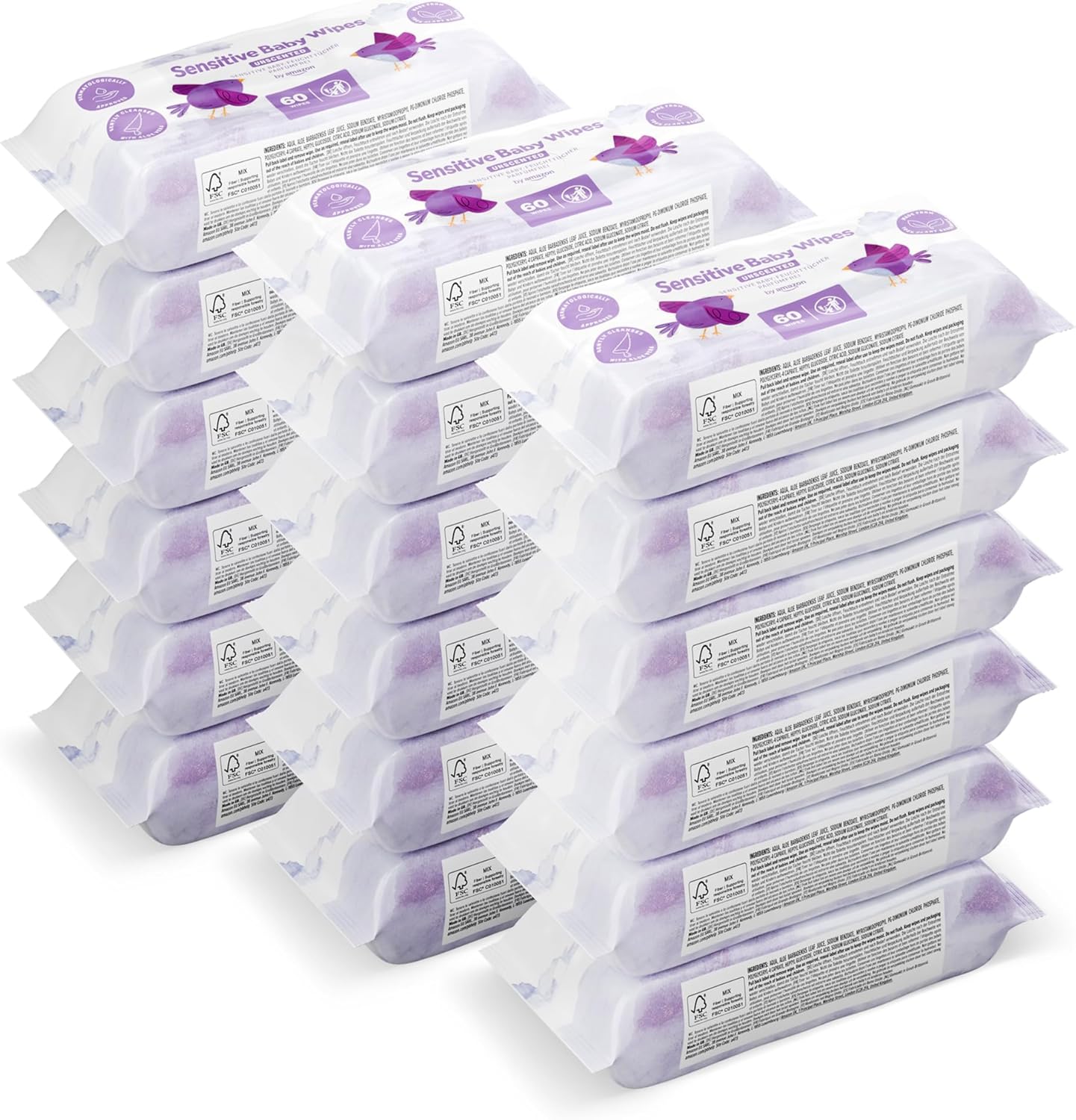 by Amazon Sensitive Baby Wipes, Made from 100% Vegetable Fibres, 1080 Wipes, Pack of 18 (18 x 60 Wipes)