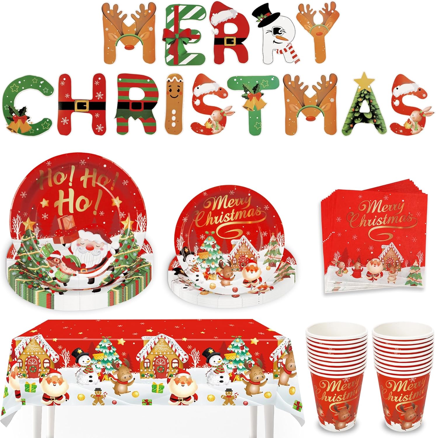 Christmas Party Tableware Set for 20 People, 82Pcs Xmas Decoration Paper Dinnerware Set with Christmas Banner Plastic Tablecloth, Plates, Napkins, Cups & Party Supplies