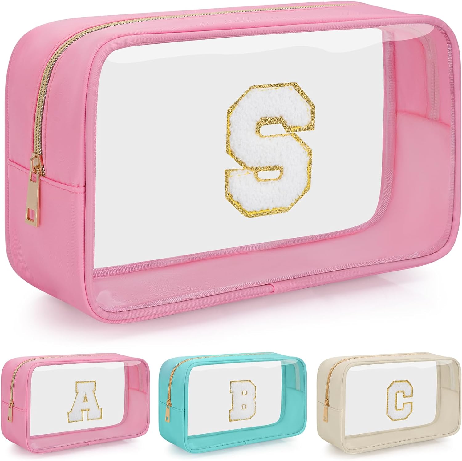 Personalized Cosmetic Bag Initial Letter Clear Travel Cosmetic Bag Waterproof Toiletry Bag with Zipper for Teen Girls and Women, pink, S