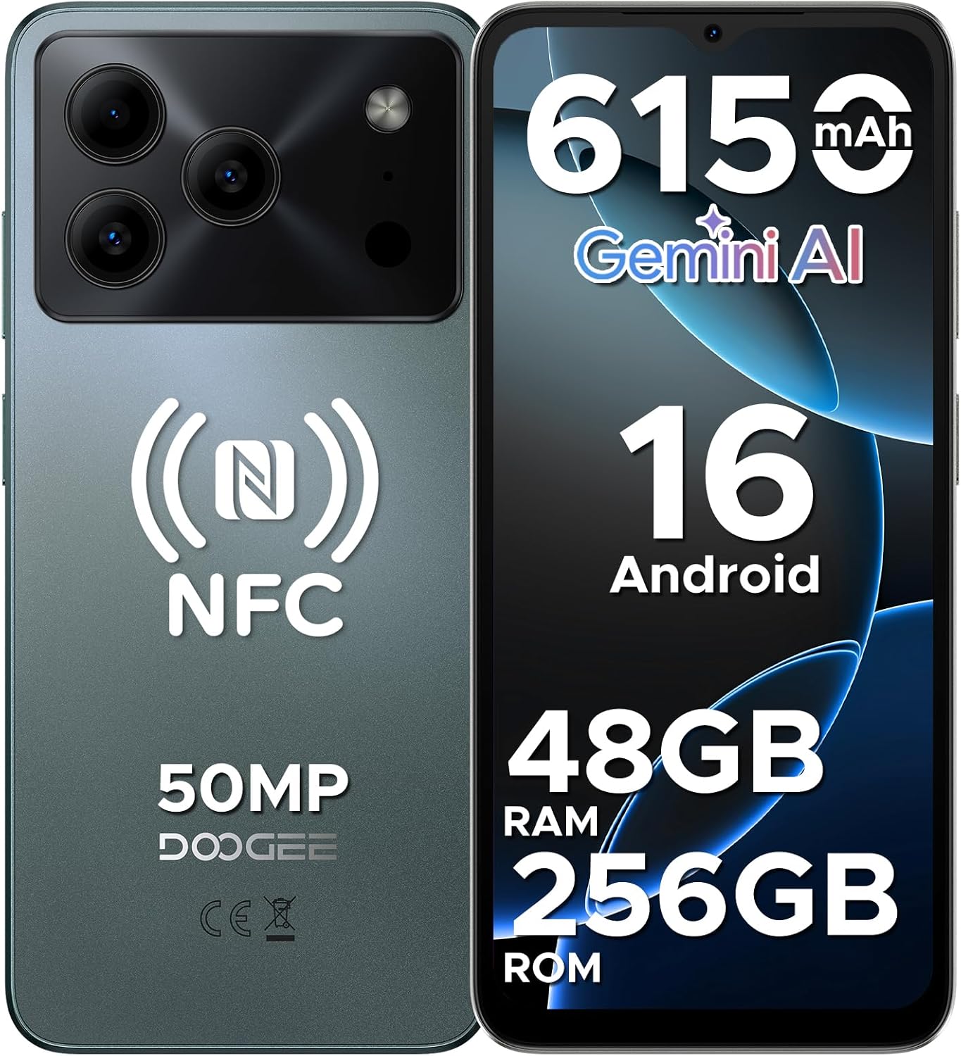 DOOGEE Note 56 Plus AI Android 16 Smartphone Without Contract, 48GB + 256GB/2TB TF, Mobile Phone without Contract 50MP AI Camera, T7225 Octa Core 6150mAh Battery Mobile Phone, 6.56 Inch HD+ 90Hz