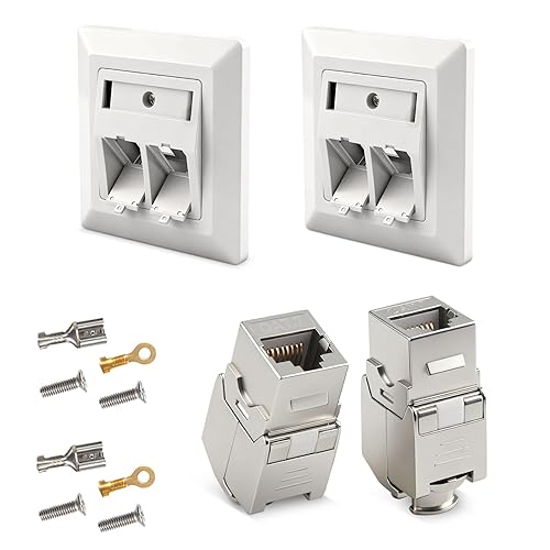 2 x 2-Port CAT 7 Network Socket, Flush-Mounted Keystone - Lan Socket, Data Socket, Fully Shielded STP, CAT7 Junction Box, RJ45 Flush-Mounted Socket, Keystone Socket for Ethernet Installation Cable